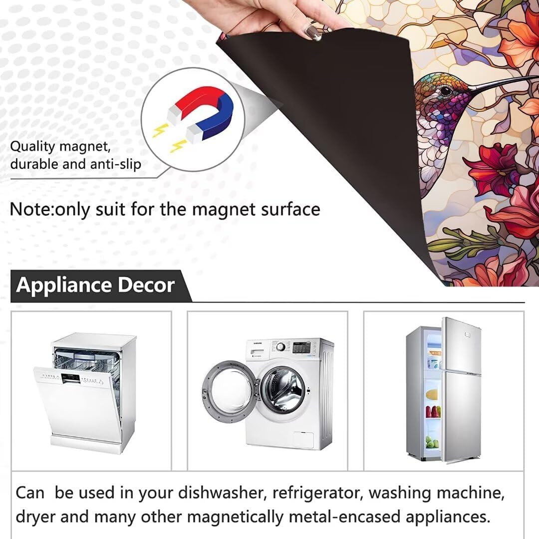 Abstract Glass Bird Magnet Dishwasher Door Cover for The Front, Hummingbird Magnetic Refrigerator Panel Cover, Colorful Flowers Dishwasher Panel Decal - Magnetic 23" x 26"