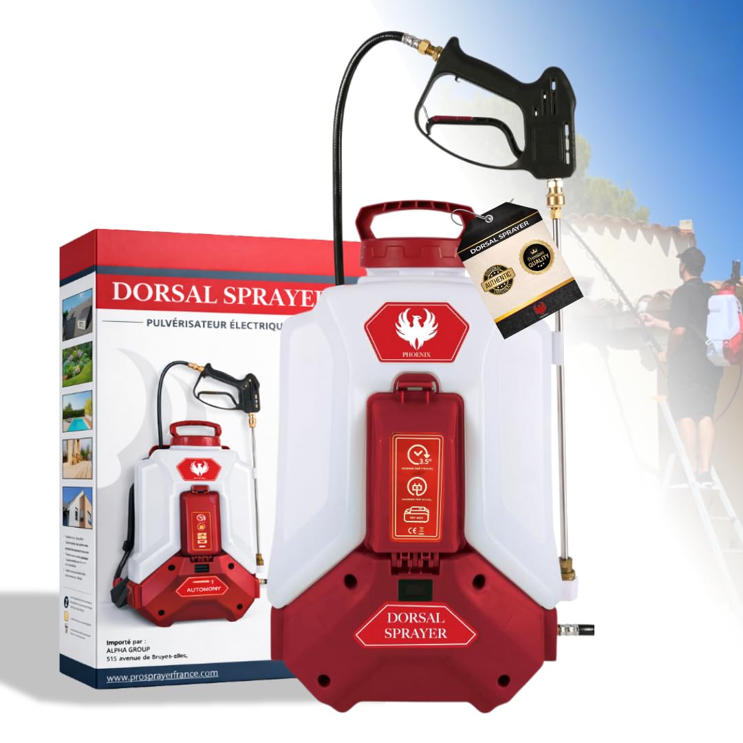 PHOENIX - Dorsal Sprayer Evo | Pulverisateur Electrique 16L + Nettoyant Decrassant Bidon de 5L/10/20L + Perche Telescopique Evo 5,4m + Jeu de 4 Buses, Idéal pour Nettoyer Les tâches (Nettoyant 5L)