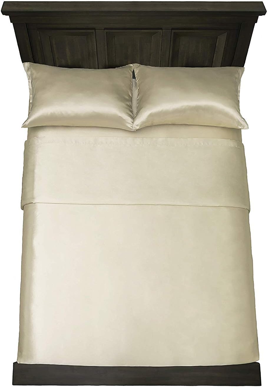 Satin Silk 4pcs Sheet Set (1-Flat + 1 Fitted + 2- Pillow Cover) (Size Queen (60" x 80" Color Ivory) + 8-Inch Deep Hotel Quality