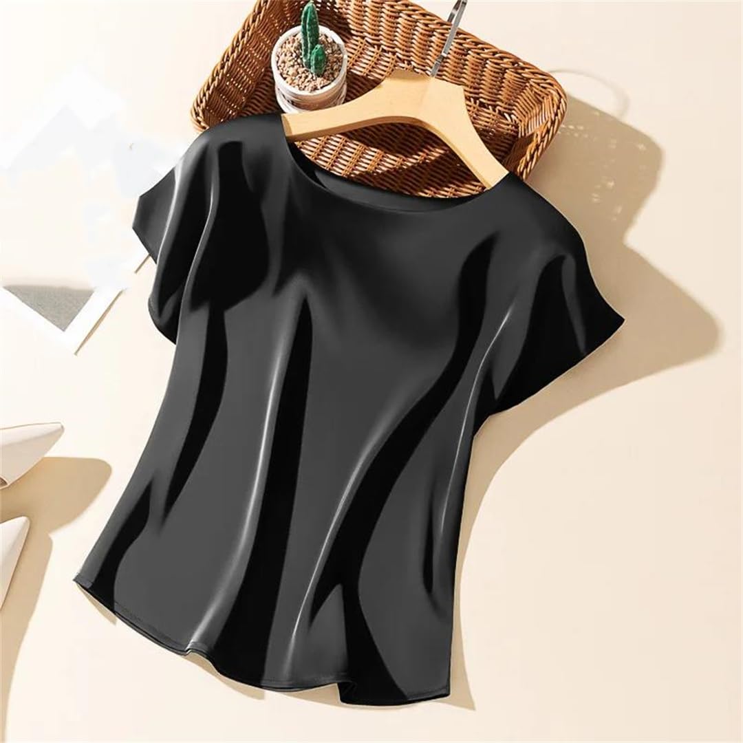 Yeuyyben Maglietta estiva da donna in raso setoso con scollo rotondo, vestibilità ampia, versatile
