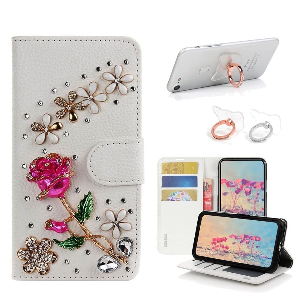 STENES Bling Wallet Case Compatible with iPhone 6 Plus/iPhone 6S Plus - Stylish - 3D Handmade Rose Flowers Floral Design Leather Cover with Ring Stand Holder [2 Pack] - Red