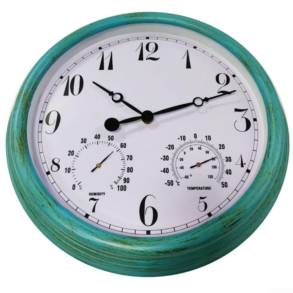 Reloj de pared para exteriores de 15 pulgadas, resistente a la intemperie, termómetro higrómetro de plástico verde, esfera grande