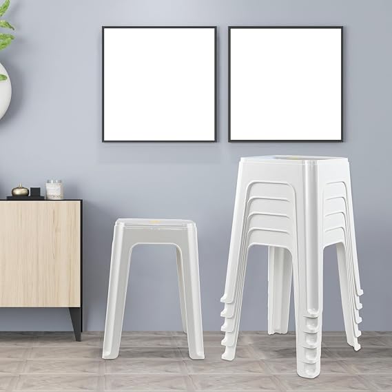 6-Pack Portable Stackable Plastic Stool, White Stacking Step Stool | Backless Stools, 18.7 Inch Height, Lightweight Yet Sturdy, Ideal for Extra Seating in Any Room