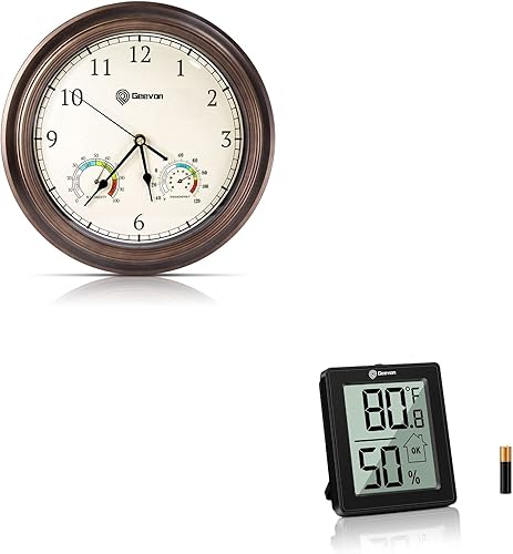Geevon Reloj de pared grande sin tictac de 12 pulgadas con termómetro e higrómetro funciona con pilas (210001) + medidor de humedad termómetro