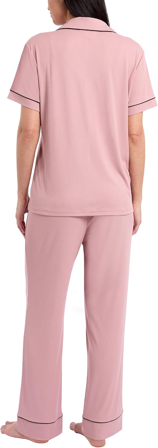 Nicole Miller New York Women's Pajamas 2 Piece Soft Ribbed Notch Collar Button Down PJ Set - Image 3