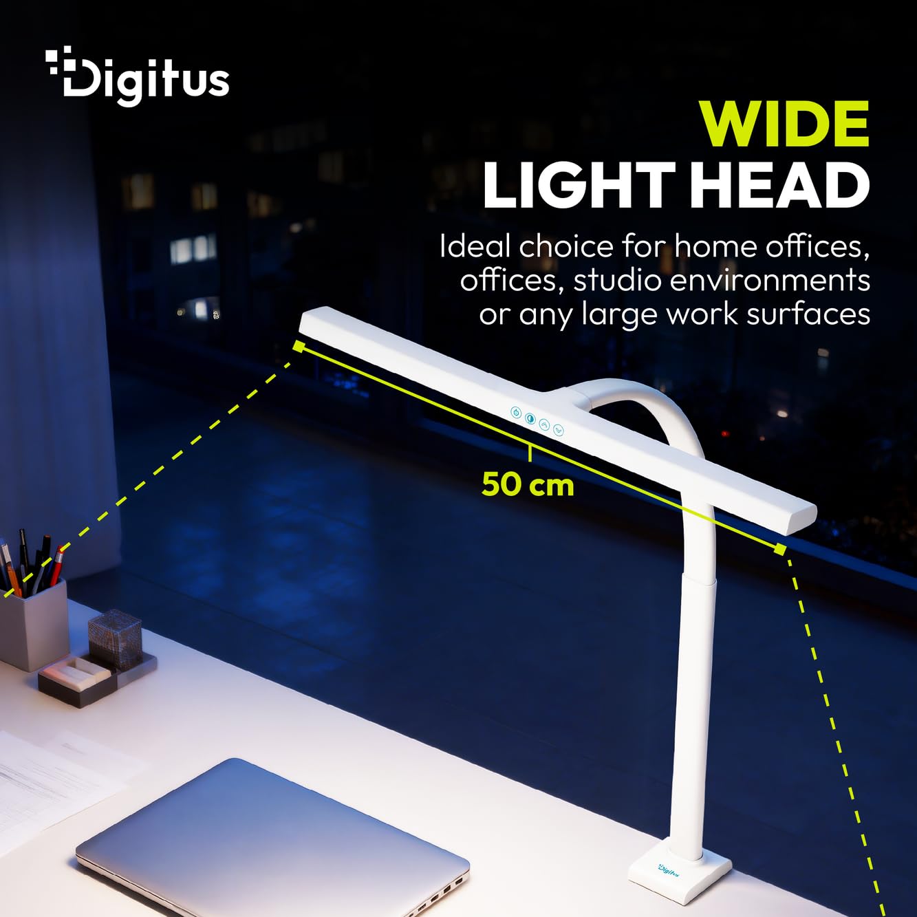 Digitus Lampada da scrivania a LED – 1025 lumen – Larghezza 50 cm – 7 W | 1000 lux – Temperatura di colore a 4 livelli – Regolabile – Controllo touch – Braccio flessibile – Base a morsetto – Bianco