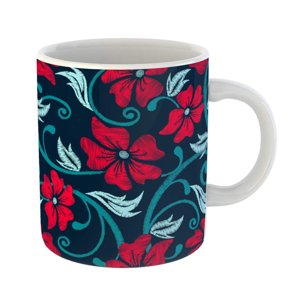 Emvency Coffee Tea Mug Gift 11 Ounces Funny Ceramic Navy Pattern Red Hibiscus Tropical Floral Blue Applique Gifts For Family Friends Coworkers Boss Mug