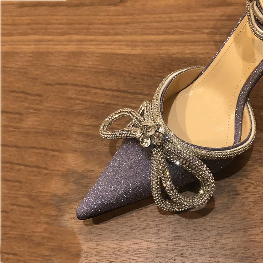 Arqa Rhinestone Bow Heels for Women Pointed Toe Crystal Ankle Strap Slingback Pumps Satin Stiletto High Heel Sandals Wedding Bridal Shoes