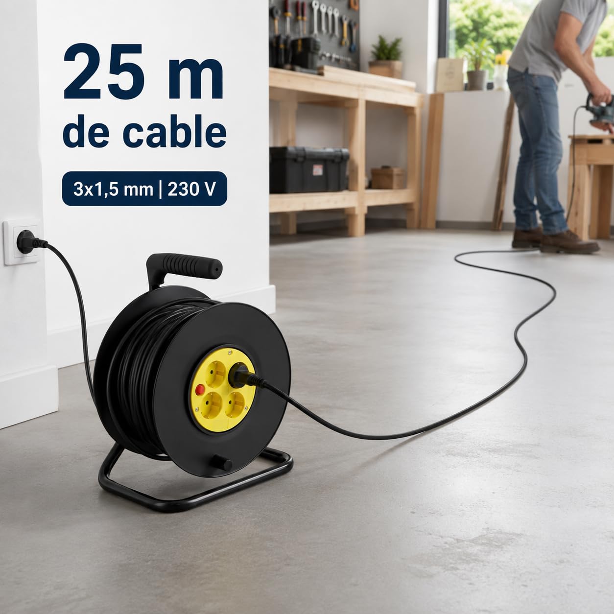 M mimotec - Kabeltrommel für den Außenbereich, 25 m, 4 Steckdosen, 3200 W, 16 A | Kabel H05VV-F 3G1,5 mm² | Kinderschutz | Verlängerungskabel für Garten, Garage und Werkstatt