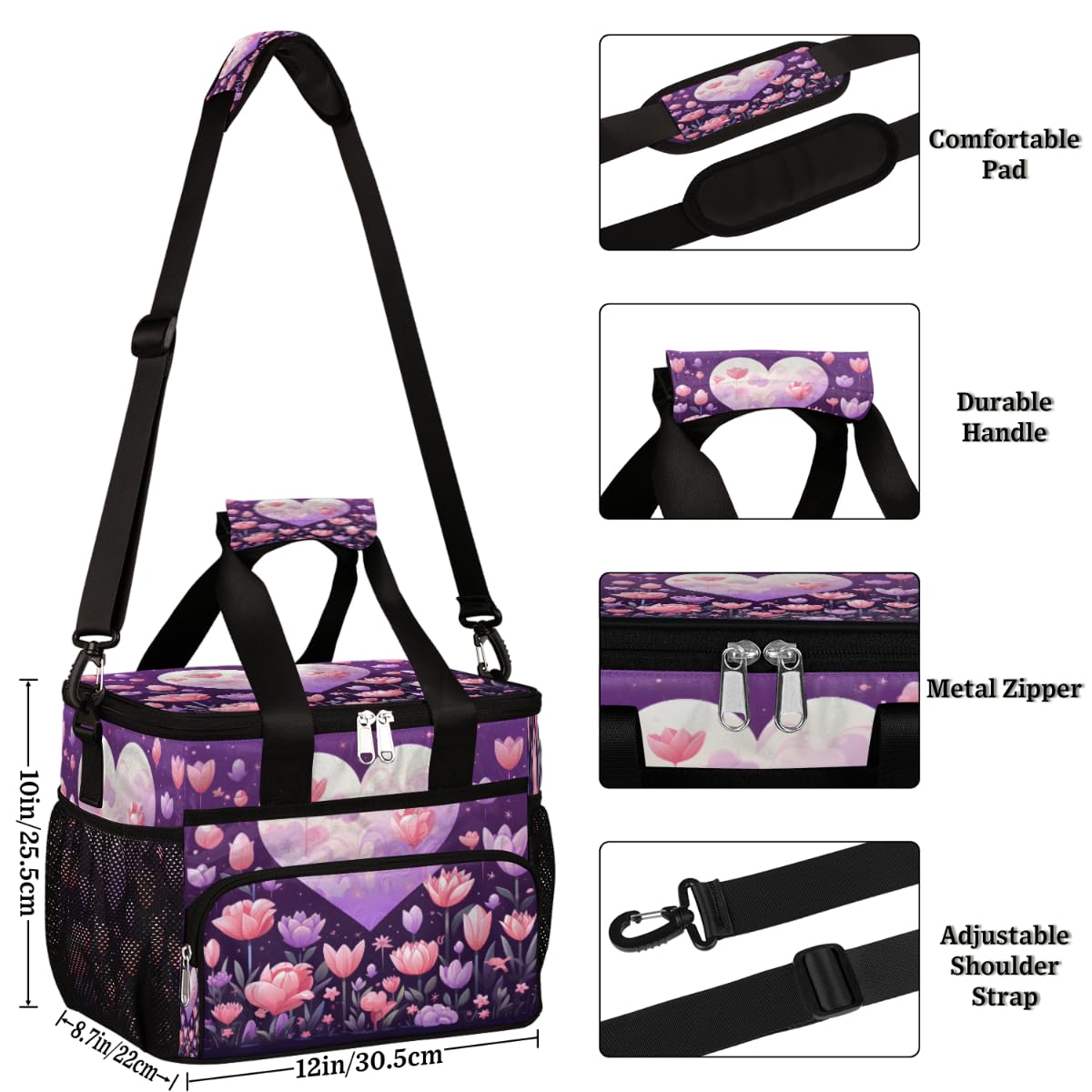 Flowers Insulated Picnic Backpack Lunch Box for Women Men Picnic Basket Tote Lunch Bag Picnic Bag Portable Lunch Bags for Picnic, Beach, Work, Trip,Office, Camp Florals with Heart