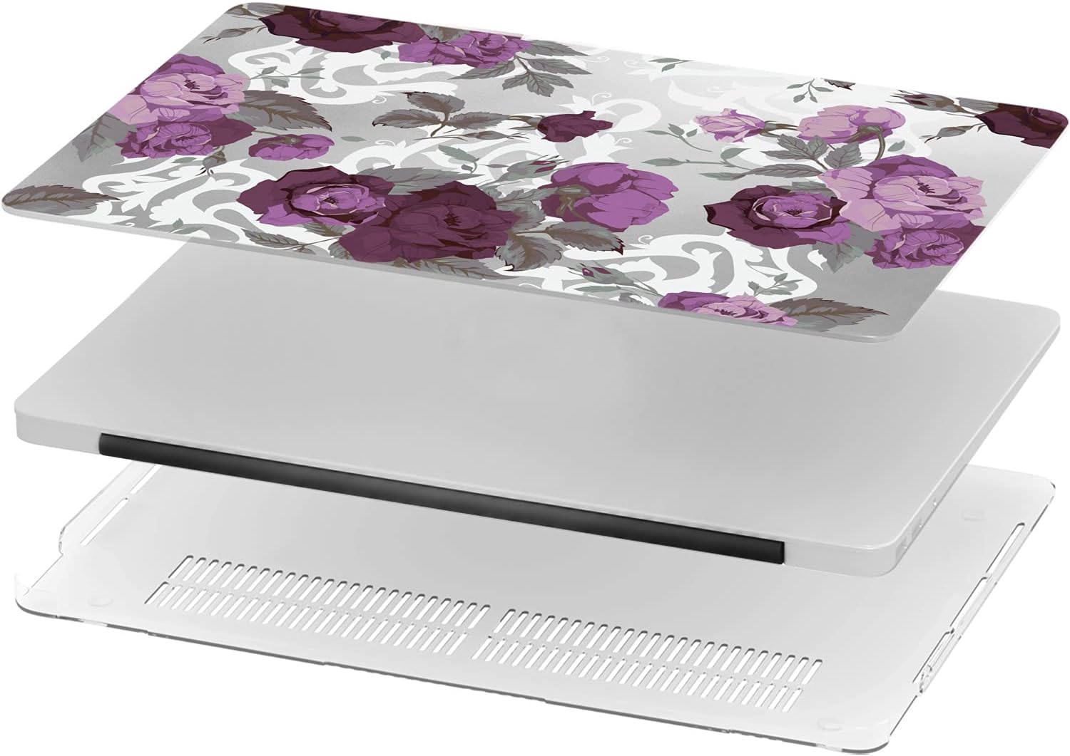 Mertak Hard Case Compatible with MacBook Pro 16 14 Air 15 13 inch M3 M2 M1 Mac 2024 2023 2022 2018 Protective Plastic Damask Laptop Flowers Fancy Clear Floral Blossom Purple Cover Touch Bar Roses