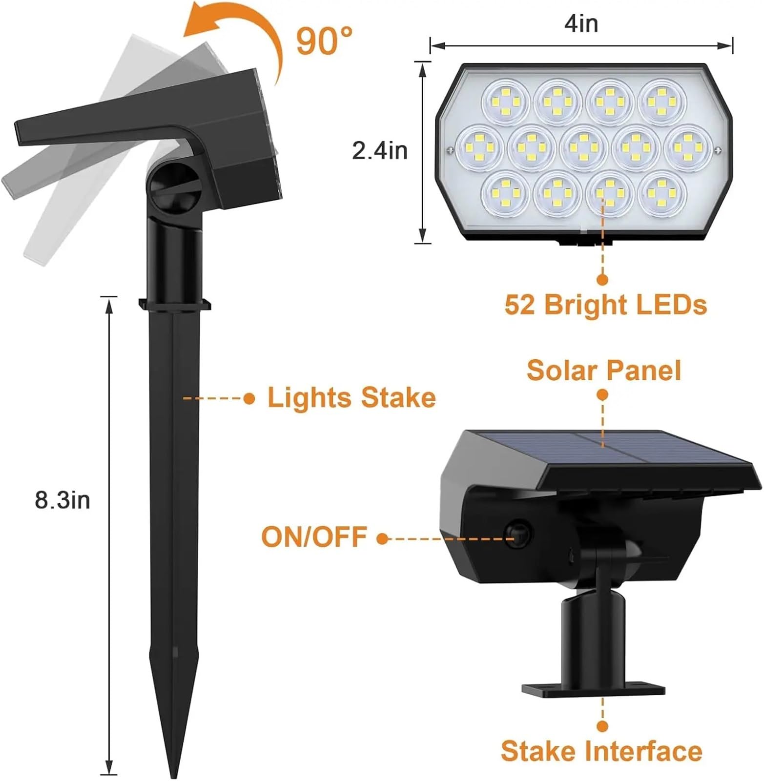 Solarleuchten für den Außenbereich 52 LED 3 Modi Landschaftsbau Solarstrahler Wasserdichte Wandleuchten IP65 für Gehweg Garten | Solar Spot Lights Outdoor52 LED 3 Modes Solar Landscape Spotlights IP65 Waterproof Wall Lights for W (Cool White, 1 Stück)