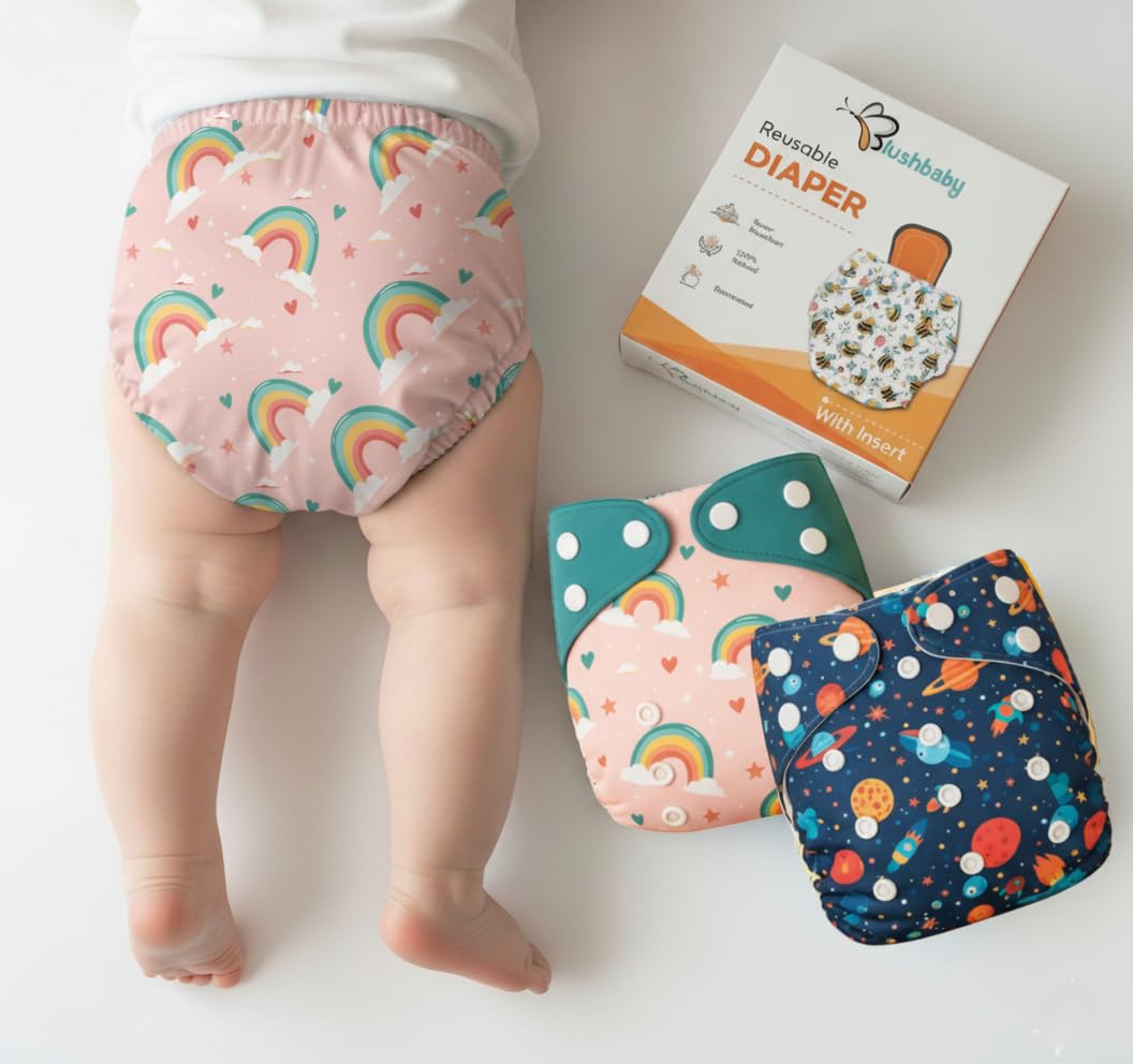 Blushbaby Reusable Cloth Diaper for Babies (0-3 Years) | Leak-Proof & High Absorbency | 1 Washable Diaper+1 Insert Pad | Adjustable, Freesize (5-18kg) | Nappies for Infants & Toddlers (Dino & Rainbow)
