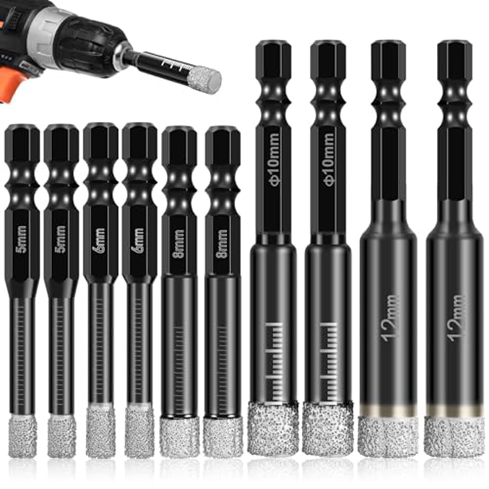 Littimoon 10 Piece Dry Drill Bits Set for Ceramic Marble Glass Not for Wood 3/16Inch 1/4Inch 5/16Inch 3/8Inch 1/2Inch Black