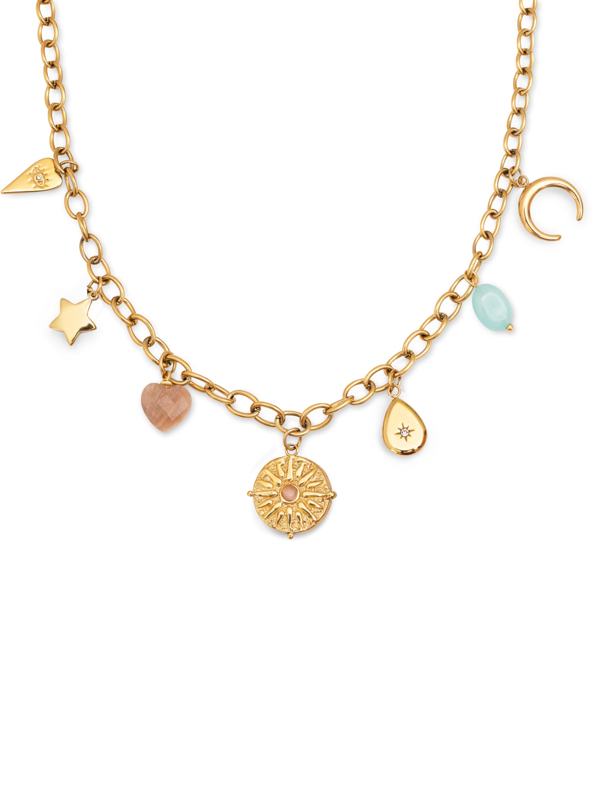 SINGULARU - Soleil Multicharms Halskette. Edelstahl mit 18 Kt Vergoldeter Beschichtung und Zirkonia und Naturstein. Schmuck für Damen.
