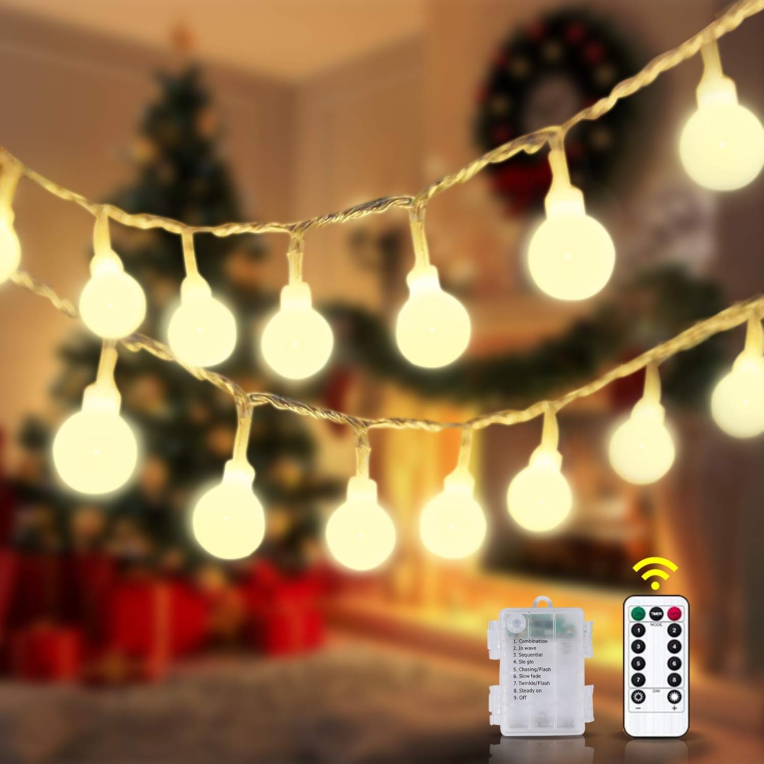 Globe String Lights, 32.8 ft 80 LED Battery Operated Fairy Twinkle Light with Remotes& Timer Christmas Lamp for Bedroom Canopy Ceiling Party Wall Wedding Backdrop Decor, Warm White, 8 Lighting Modes : Garden & Outdoor