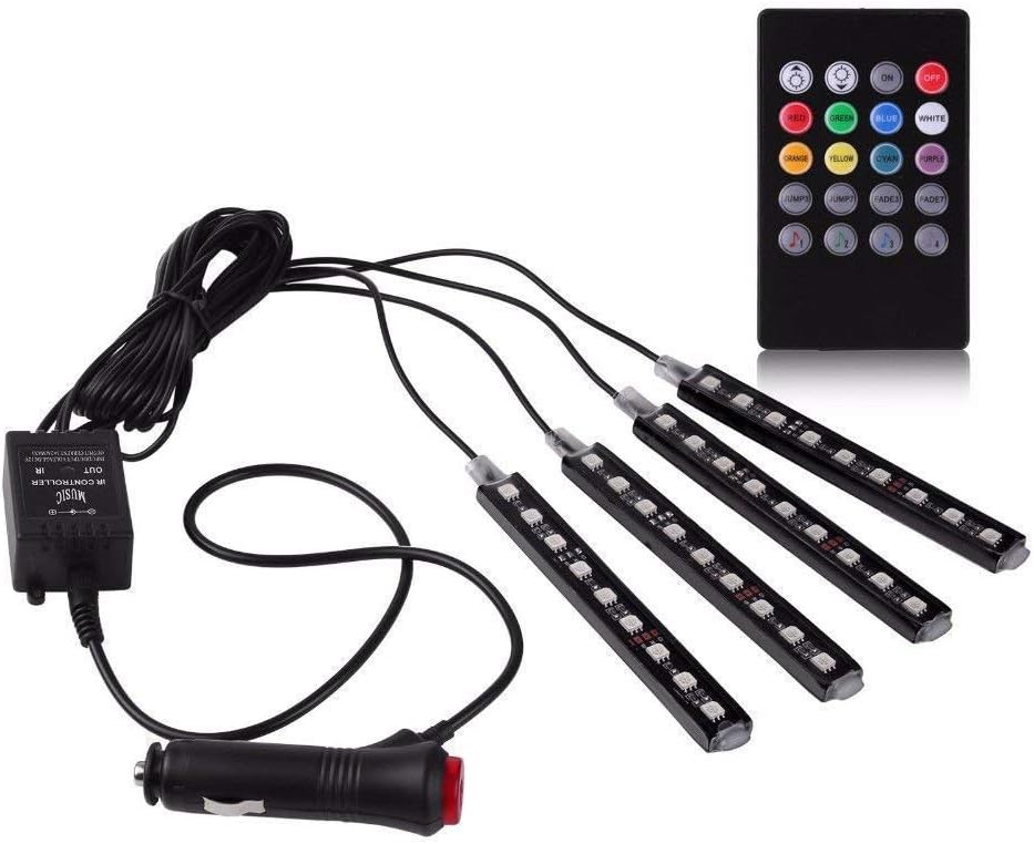 Automobile Atmosphere Lamp, 4 Pieces, 48 LED, 12 V, Multi-coloured, Musical Car LED Strip Lights For Car Interior Under Dash Lighting Kit With Wireless Remote Control