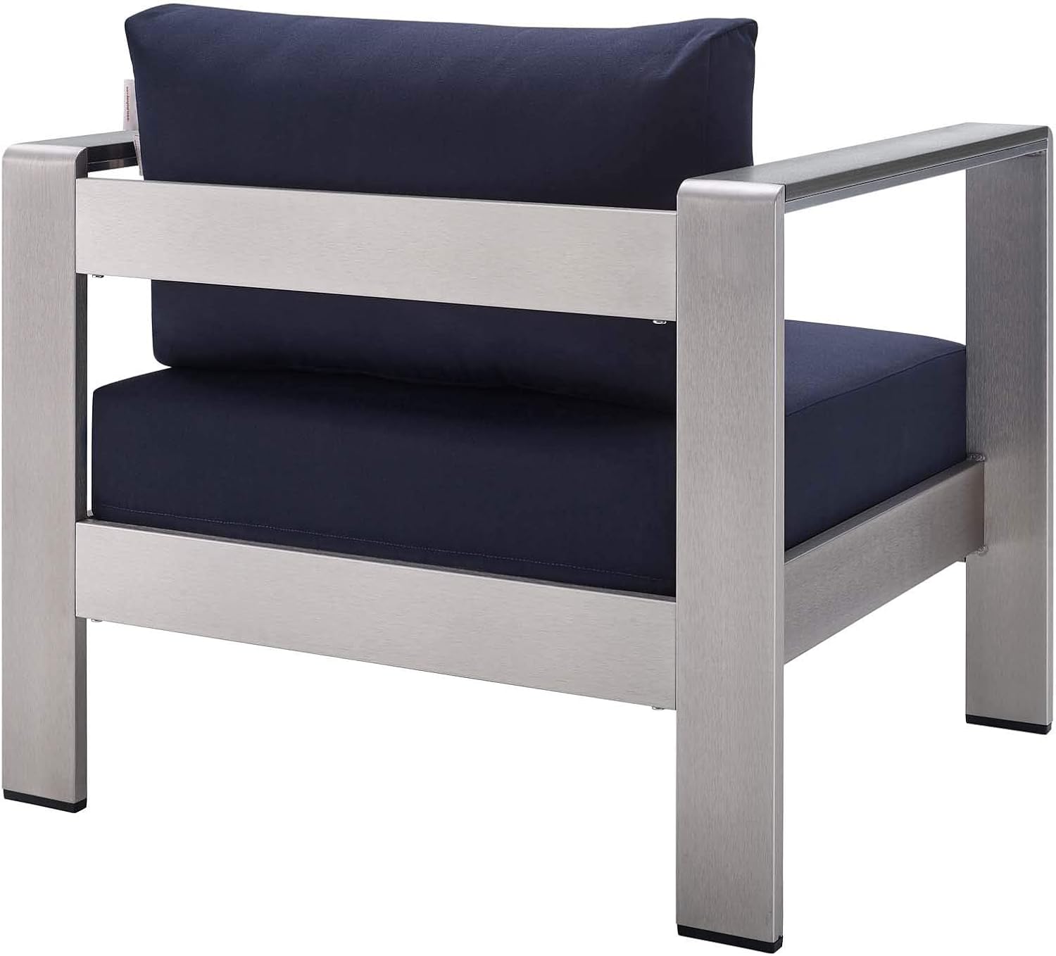 Pemberly Row 4-Piece Outdoor Patio Set, Aluminum Frame with Machine Washable Navy Fabric Cushions, Silver Finish, Includes Sofa, 2 Armchairs & Coffee Table
