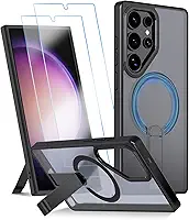Capa para Samsung Galaxy S24 Ultra Capinha - Compatível com MagSafe, com protetor de ecrã temperado de 2 peças, estojo ultrafino resistente a choques e quedas com suporte ajustável - Preto