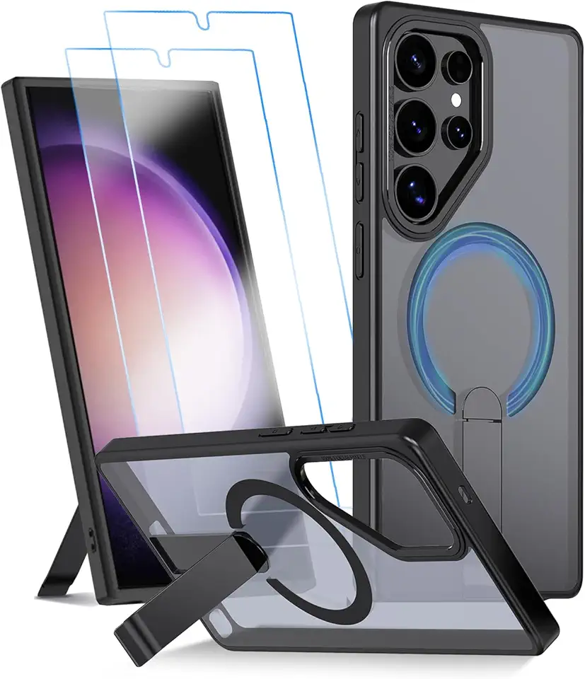 Capa para Samsung Galaxy S24 Ultra Capinha - Compatível com MagSafe, com protetor de ecrã temperado de 2 peças, estojo ultrafino resistente a choques e quedas com suporte ajustável - Preto