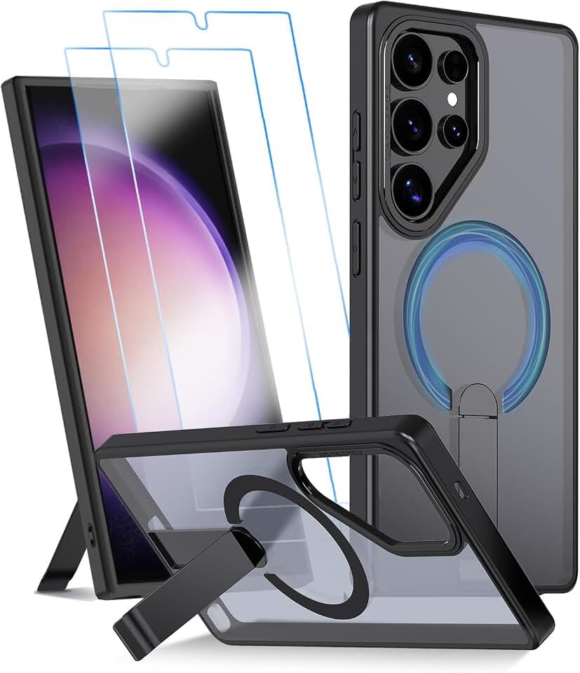 Capa para Samsung Galaxy S24 Ultra Capinha - Compatível com MagSafe, com protetor de ecrã temperado de 2 peças, estojo ultrafino resistente a choques e quedas com suporte ajustável - Preto