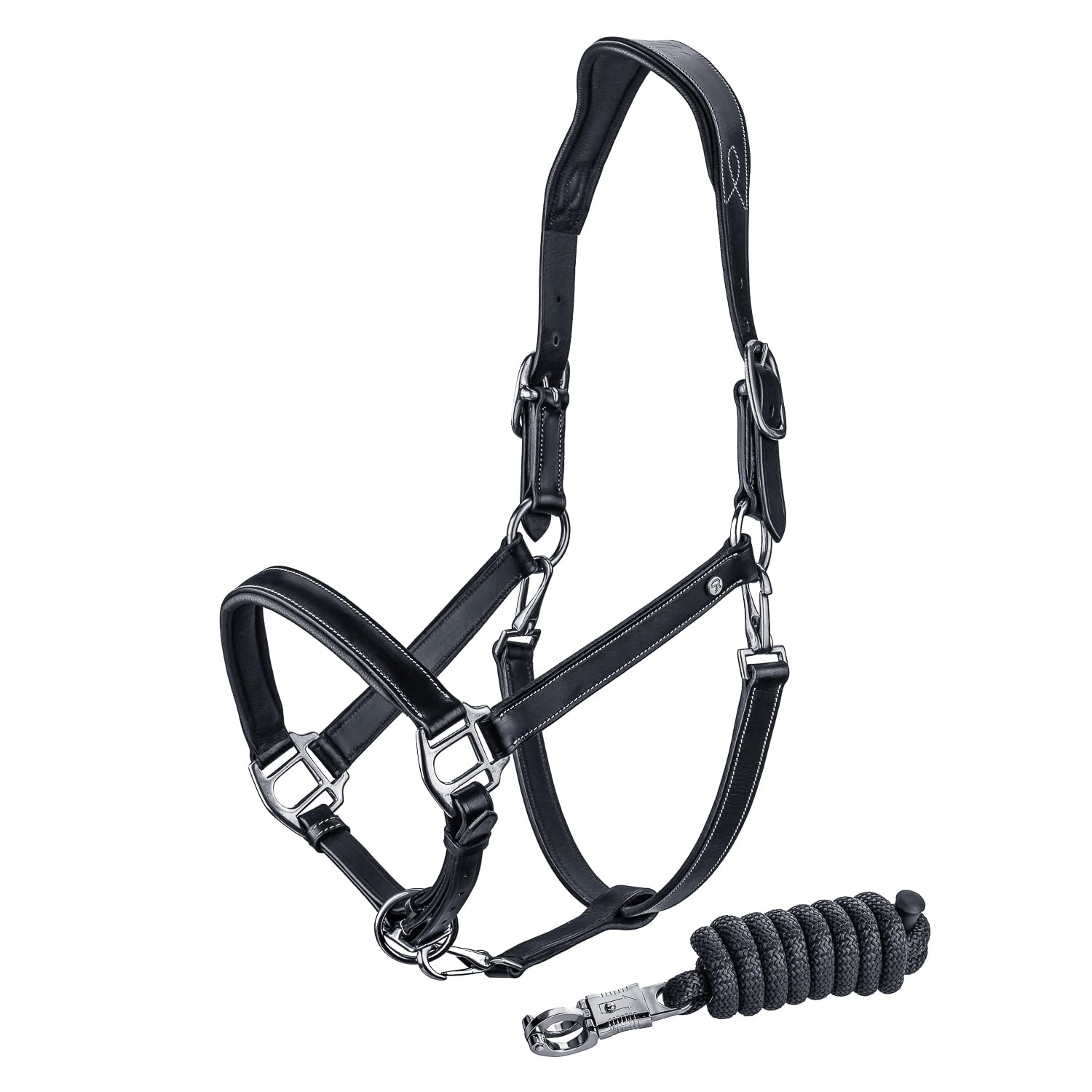 SUNRIDE Cabestro para Caballos de Cuero auténtico (Dallas) con Cuerda - Ajustable, Acolchado y anatómico (Negro, Pony)