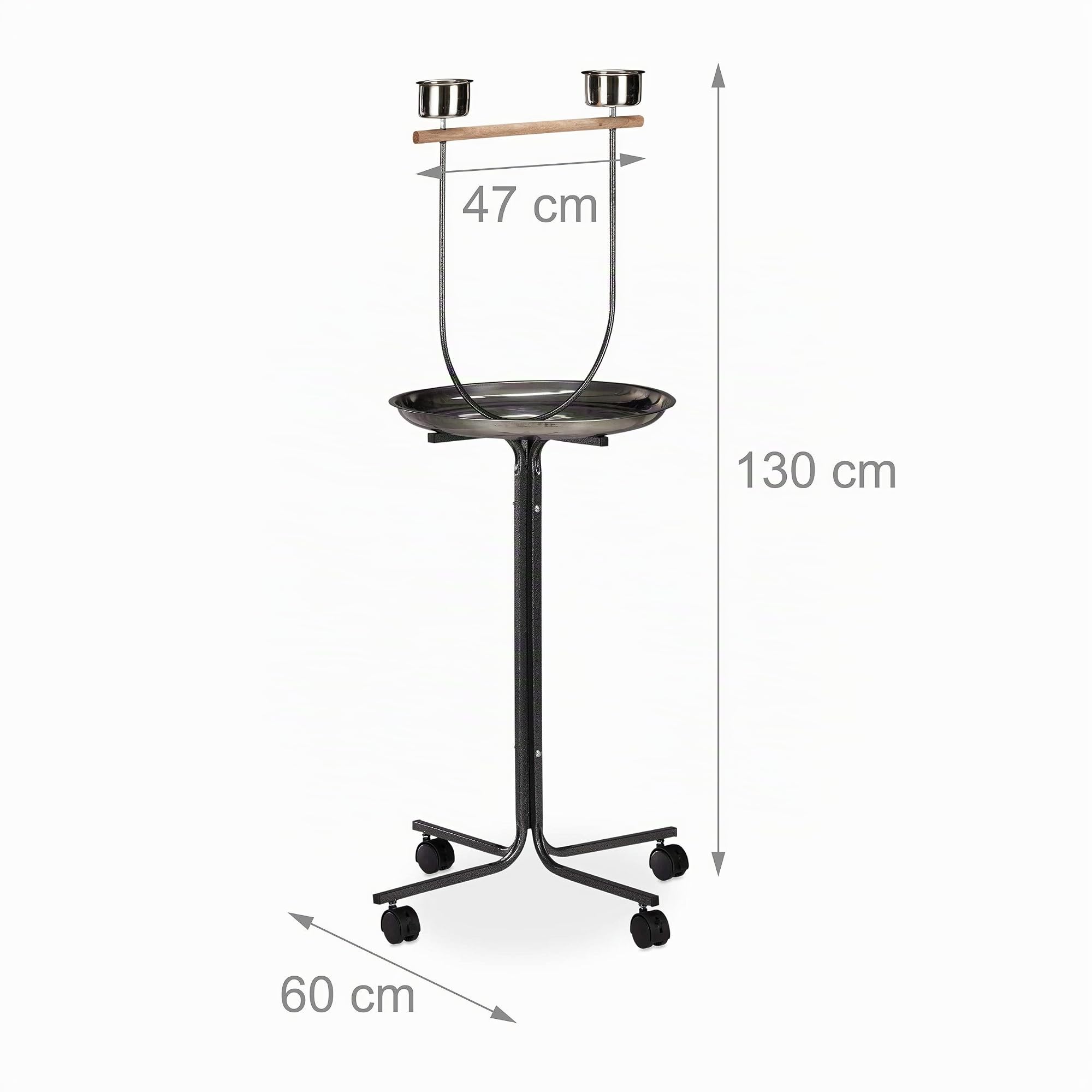 Relaxdays Perchoir Perroquet XL Barre en Bois 2 Mangeoires à Roulettes HLP 130 x 60 x 60 cm Argenté