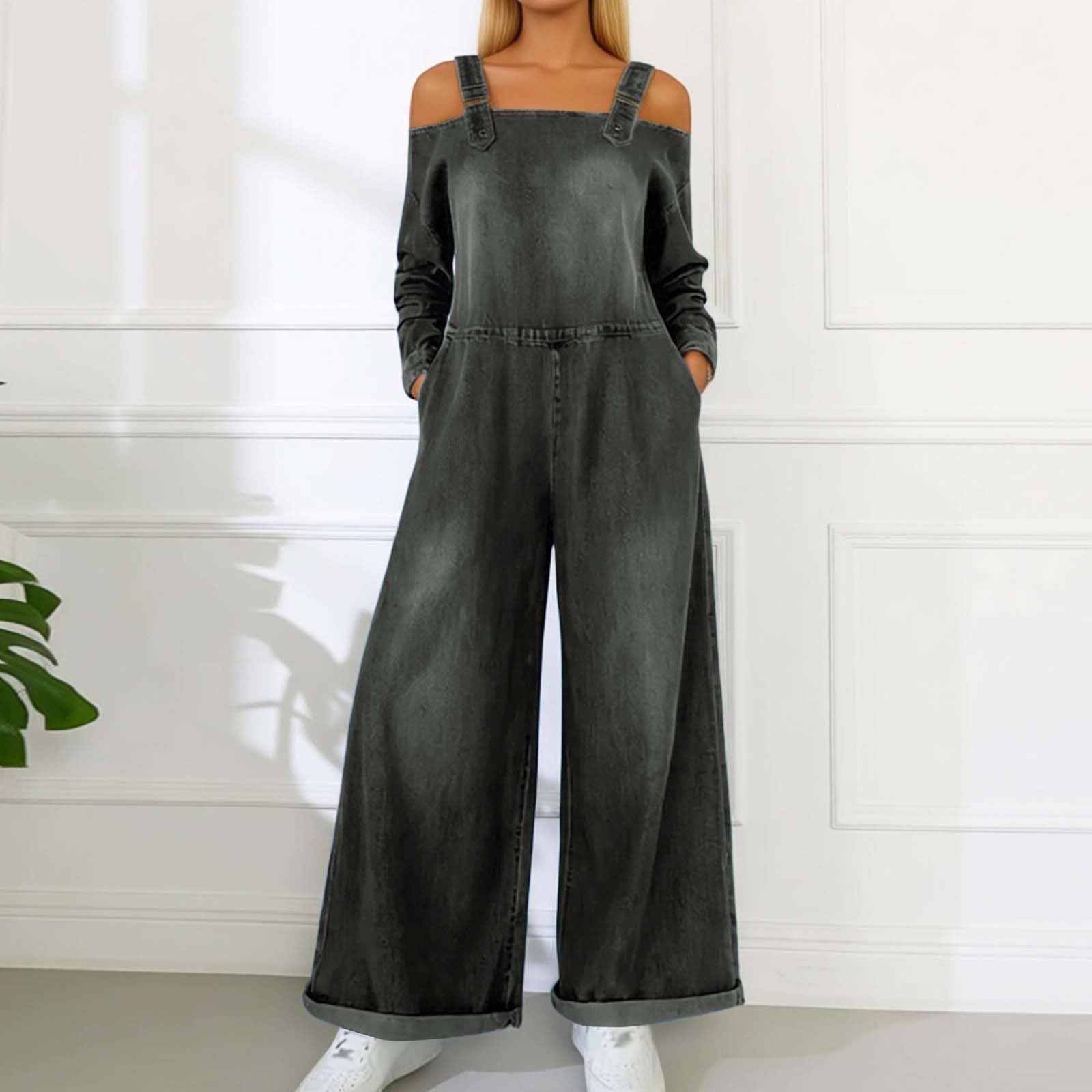 Combinaisons en jean pour femme - Salopette en denim délavé - Manches longues - Épaules dénudées - Combinaison décontractée - Jambes larges - Coupe ample - Body baggy avec poches