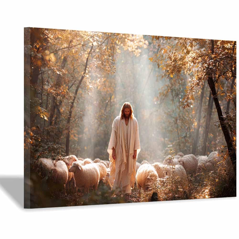 ZAMAEIU Jesus Art Pictures Posters Prints Holy Leading the Lamb Religious Paintings, Wall Decor for Church,Prayer Room,Christians, Schools, Hospitals(white)-50x70cm Framed