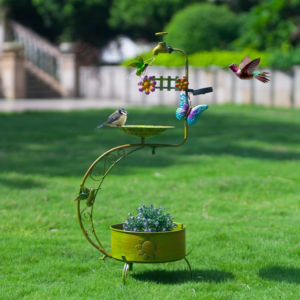 VEWOGARDEN Bird Bath for Outside, Solar Metal Outdoor Standing Birdbath with Flower Planter for Garden, Yard, Patio Decor, Green