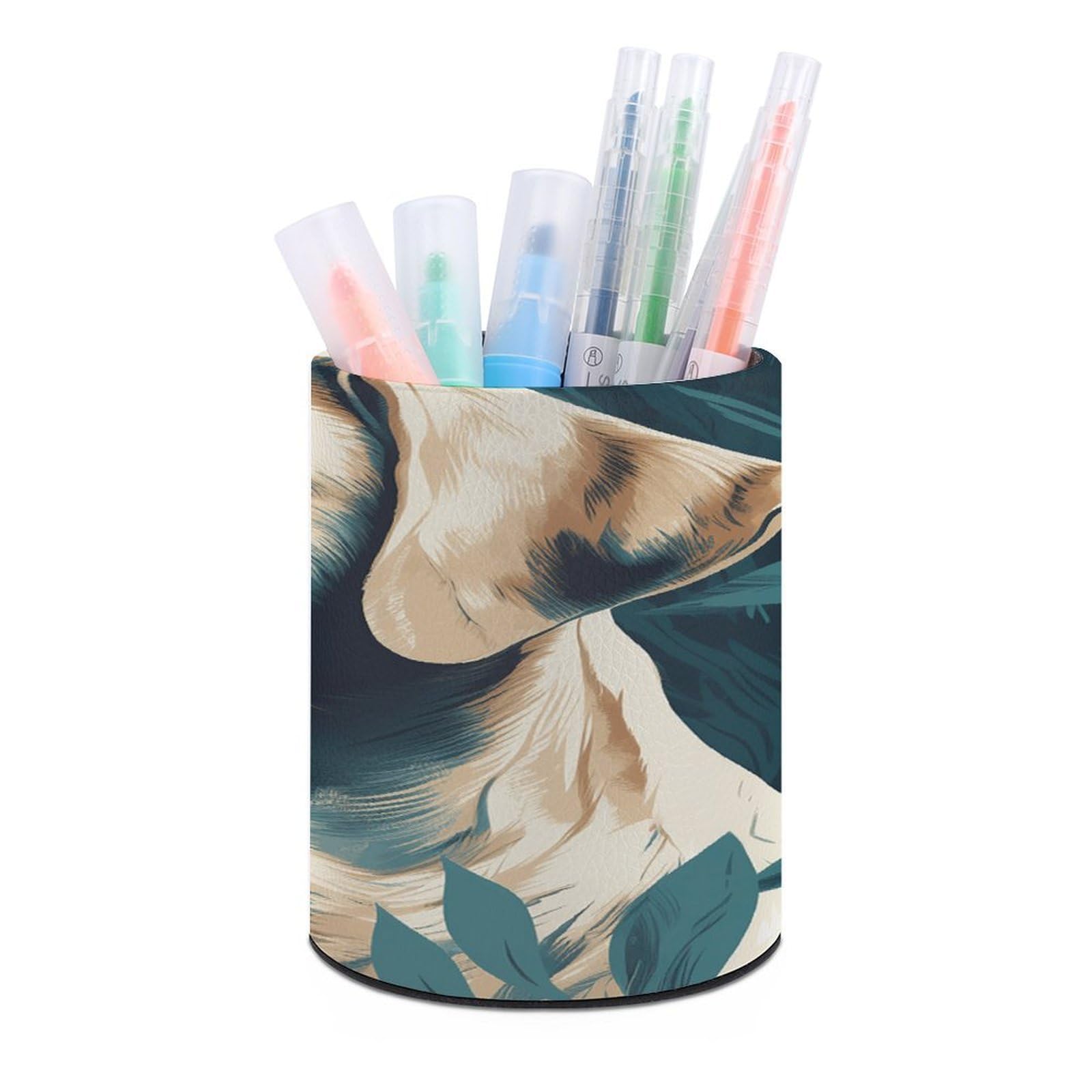 FekiLoot PU Leather Round Pen Holder Dog in Leaves Pencil Holder Desk Organizer Pen Organizer Pen Cup Pencil Cup Caddy Desktop Stationery Organizers for Office Home Supplies