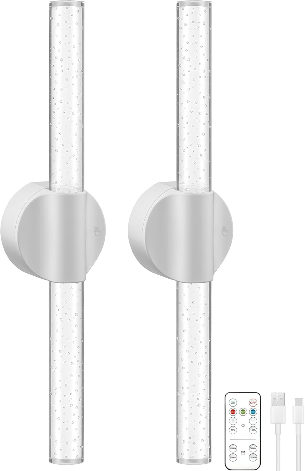 White Rechargeable Wall Sconces Set of 2, White Battery Operated Wall Sconce Set with Remote & Touch, Wireless Wall Sconces Set of Two for Bathroom Bedroom Living Room Decor