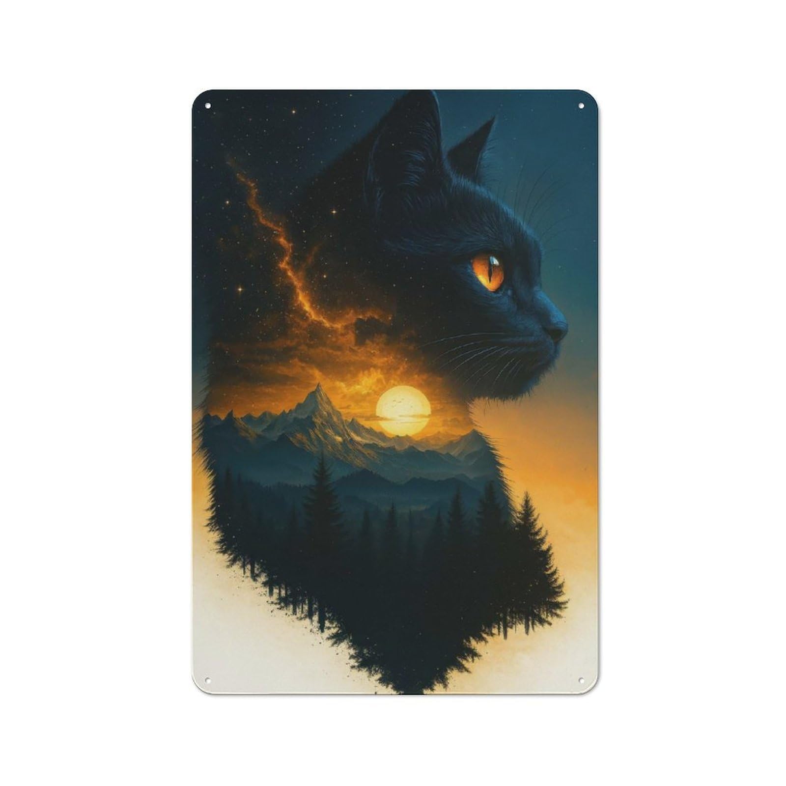Black Cat Landscape Silhouette Decorative Metal Sign 30x20cm, Understated Studio Wall Plaque for Hobby Room, Office, Lounge Or Living Room
