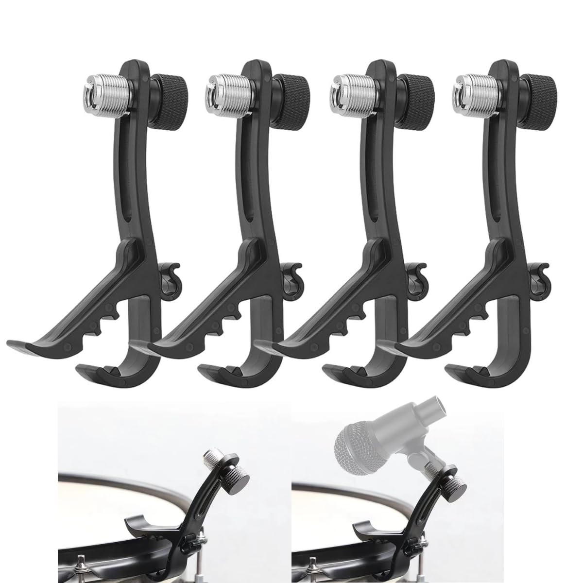 Drum Microphone Clips, 4pcs Shockproof Drum Mic Securing Clamp Mounts Microphone Securing Clips Adjustable Compact Universal Lapel Mic Stand Rim Musical Instrument Supplies