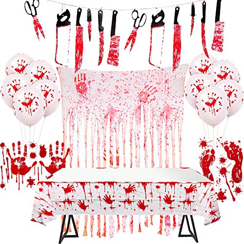 MOVINPE Halloween Bloody Party Decorations, Scary Weapons Knife Garland Hanging Banner, Doorway Curtain, Blood Splatter Tablecloth, Handprints and Footprints Window Stickers, Balloons