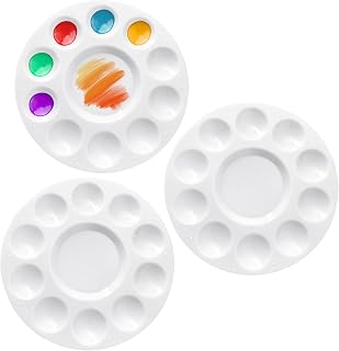 3-Pack Round Paint Palette, Plastic, White, 6.2 Inch with 10 Wells + 1 Central Reservoir