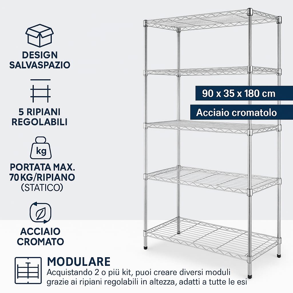 Scaffale Metallo Cromato 90x35x180CM 5 Ripiani Regolabili Portata 70Kg a Ripiano Scaffale Modulare in Acciaio Cromato Robusto per Casa Ufficio Garage Cucina Spazi Organizzati