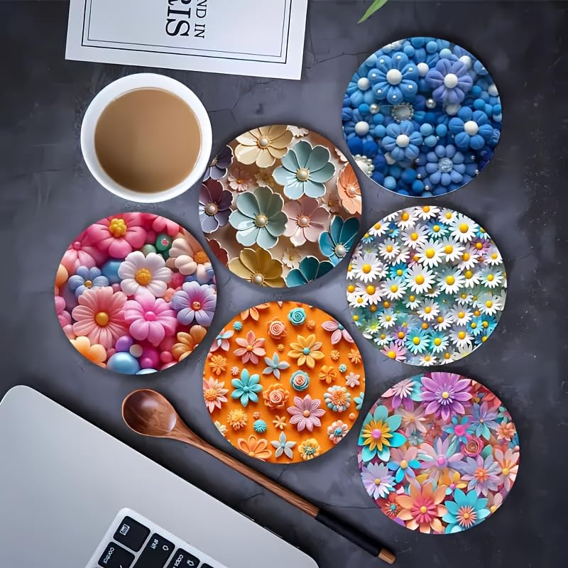 Coasters Set of 6 Wooden Coasters with Shiny Floral Patterns, Suitable for Bars, Home Gatherings, Cafes, Offices and All Occasions - Housewarming Decorative Present, Bar Accessories, Off-image-0