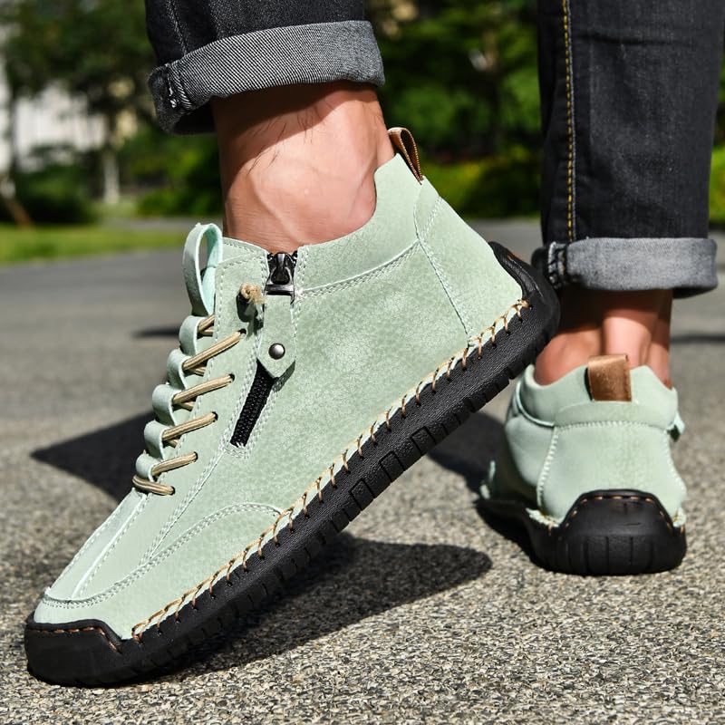 Men's Casual Leather Handmade Slip-On Driving Boots with Side Zipper, Men's Lightweight Loafers Comfortable Flat Non-Slip Driving Shoes, Outdoor Mid Top Leather Ankle Boots3