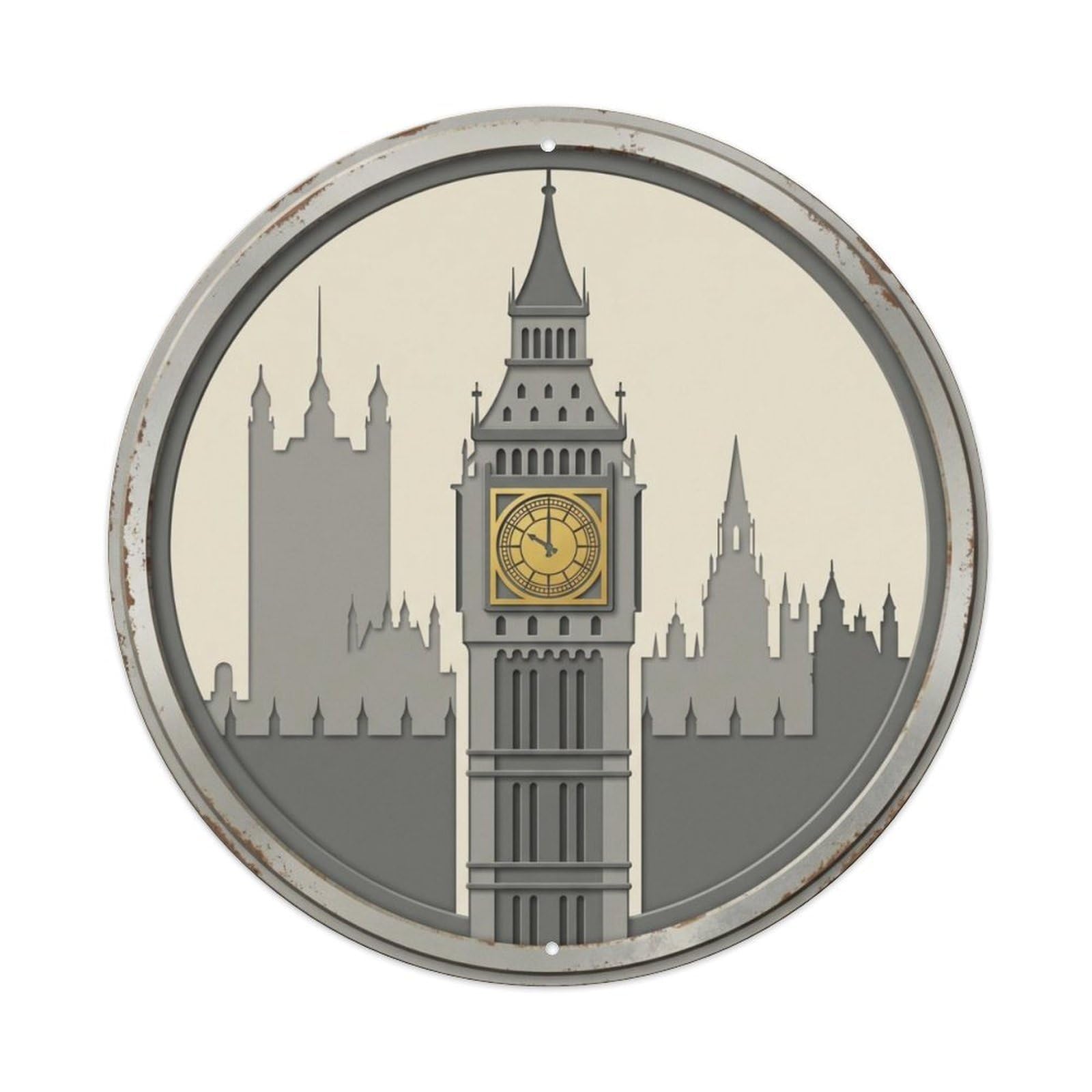 BigBen Layered Clocktower Travel（1） Metal Tin Sign Plaque Wall Decor for Cafe, Club Bar, Office, Home Garden Round Metal Poster 8x8Inch