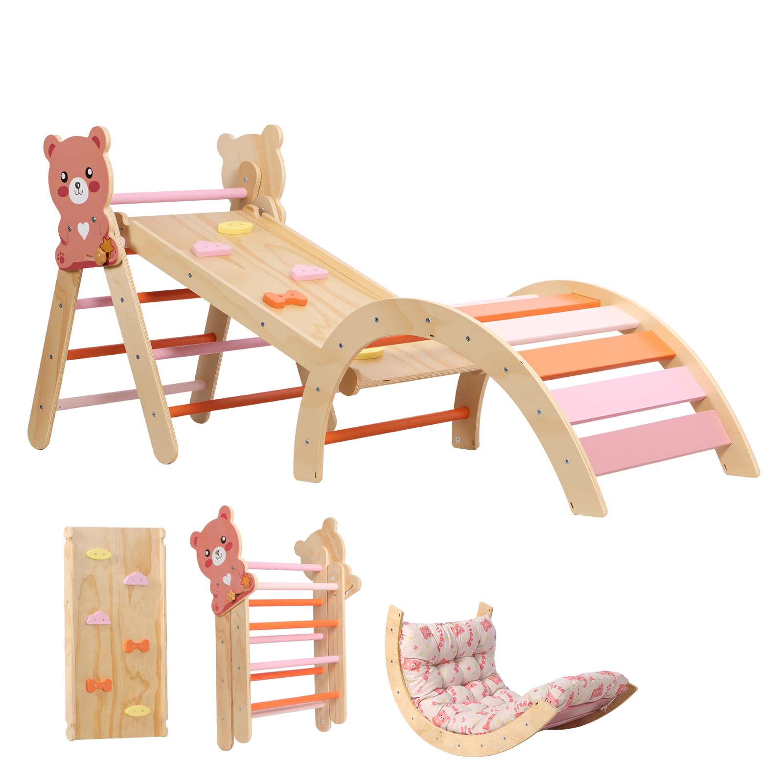 Panana Wooden Climbing Frame for Toddlers,Foldable Climbing Frame with Soft Cushion,Montessori Indoor Play Jungle Gym for Kids 166 x 49 x 69cm (Bear)