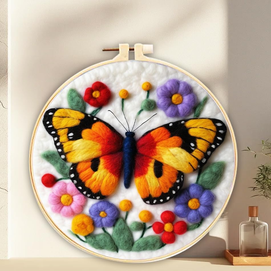 YEESAM ART Needle Felting Picture Kits Butterfly Garden for Beginners Adults, DIY Wool Felt Painting Starter Kit with Frame and Tools for Home Decor