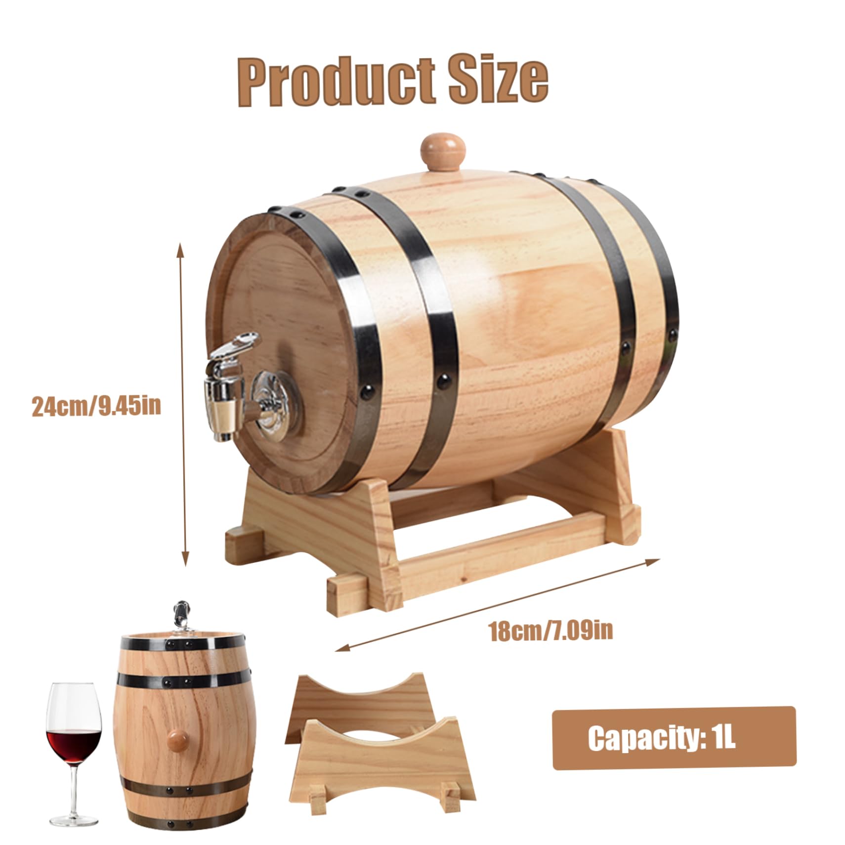 Barril de envejecimiento de roble, mini barriles de whisky con soporte de madera, bung & spigot, dispensador de barril de whisky de 1 litro, muestra de decoración y almacenamiento de la mesa de la ca