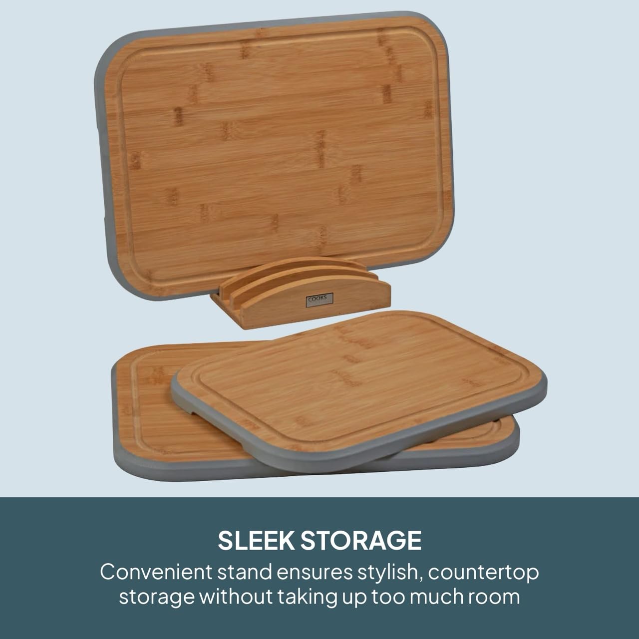 Cooks Professional Index Lot de 3 planches à découper en bambou avec support | Planches à découper en bois pour fruits et légumes | Aliments cuits | Pain | Gris