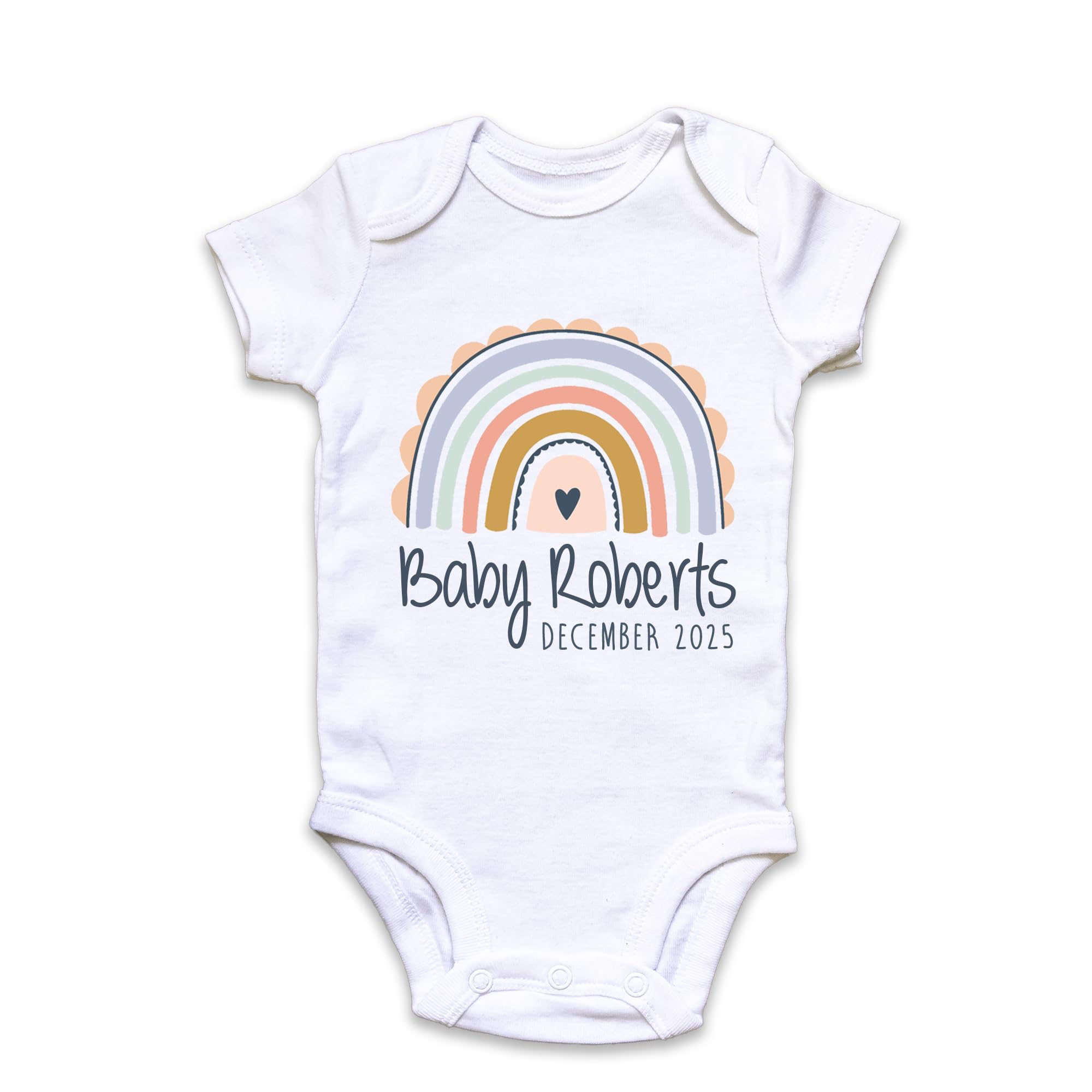 Fuzzy Cactus Personalised Pastel Rainbow Baby Grow Vest Baby Announcement Add any Surname and Due Date Pregnancy Announcement First Outfit (White, Newborn)