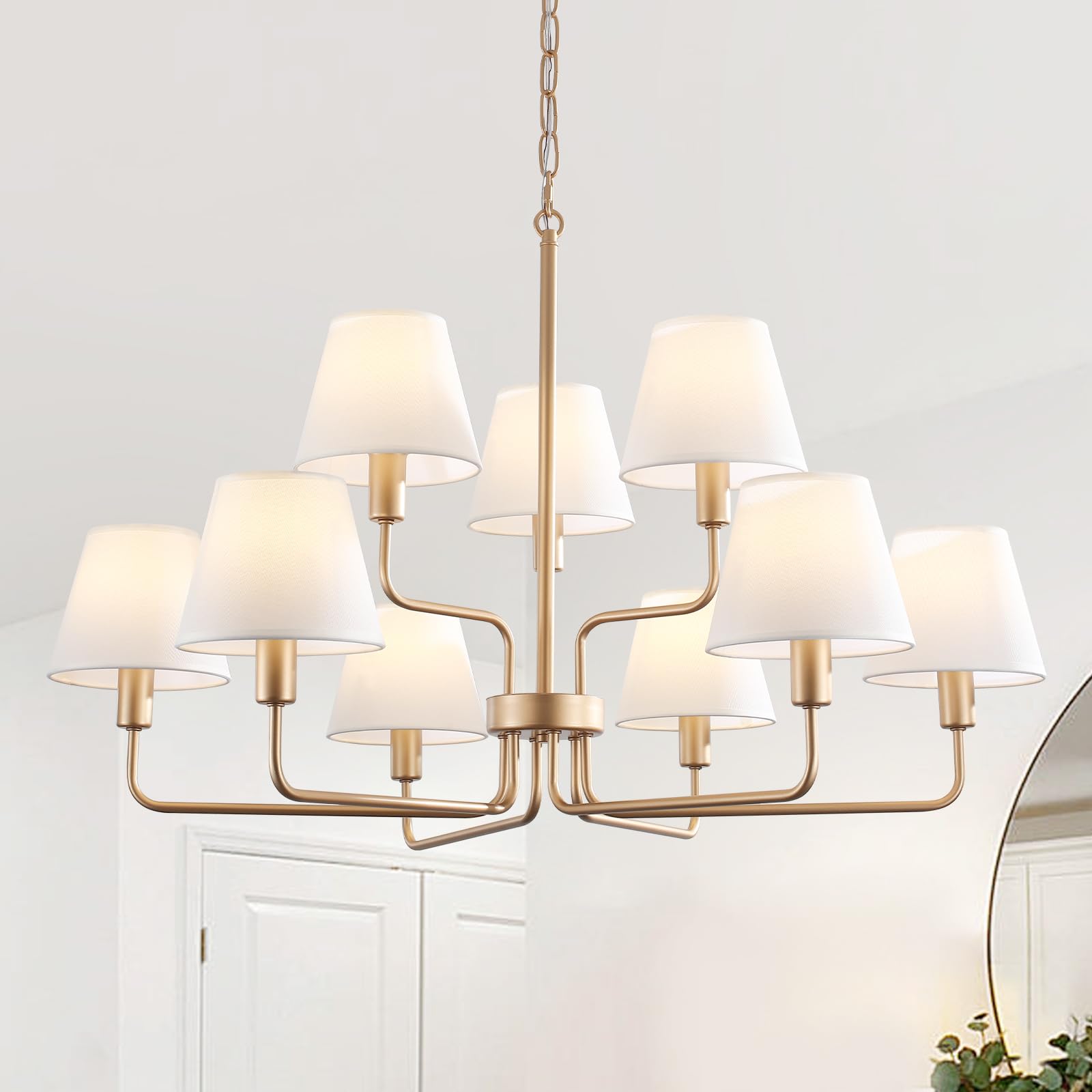 Photo 1 of 33" Gold Chandelier for Dining Room Light Fixture with White Fabric Shades, 9-Light Brass Modern Farmhouse 2 Tiered High Ceiling Lantern Chandelier Pendant Light for Foyer Entryway Living Room Kitchen