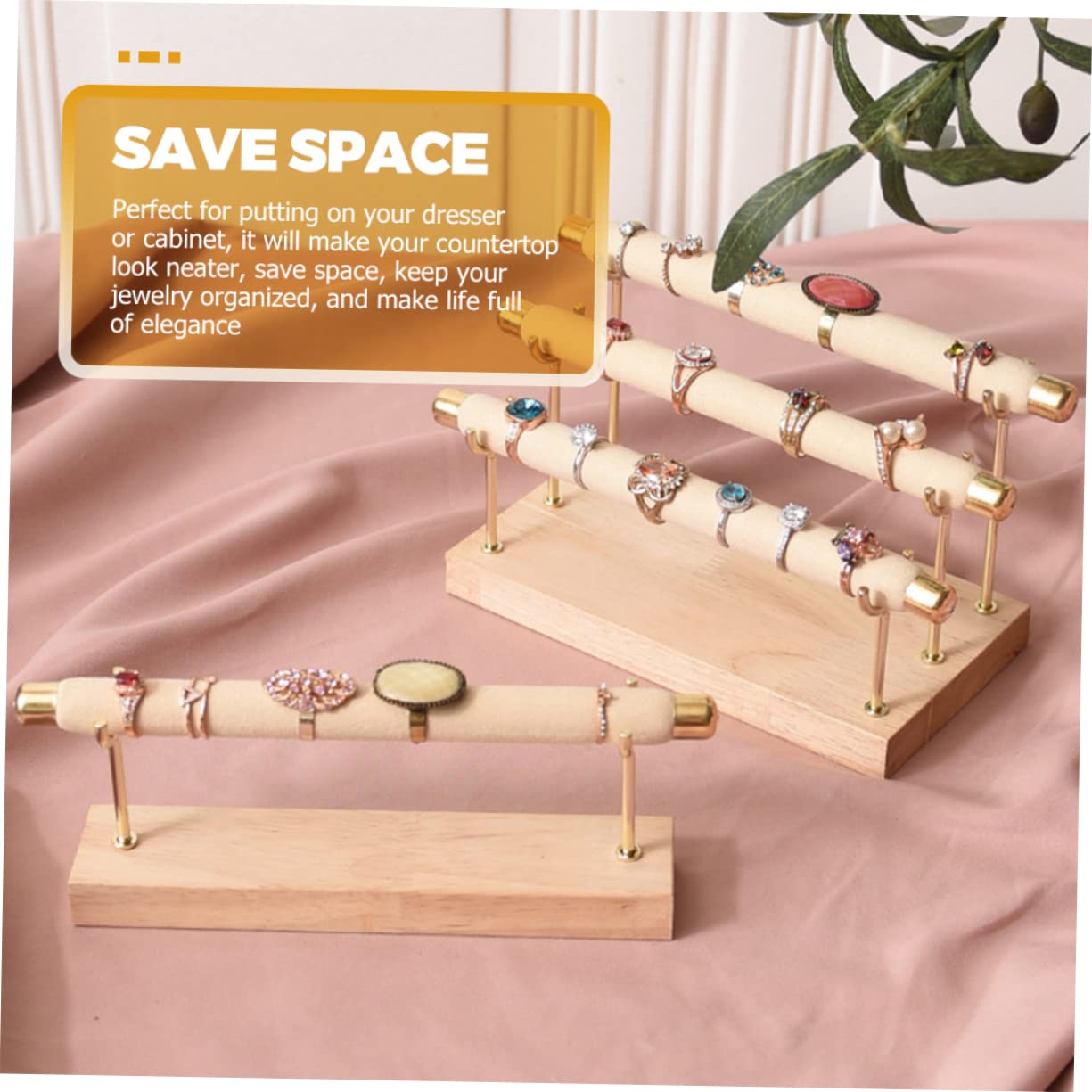Homoyoyo Soporte de 3 Niveles de Madera Sólida de Exhibición de Joyas Beige