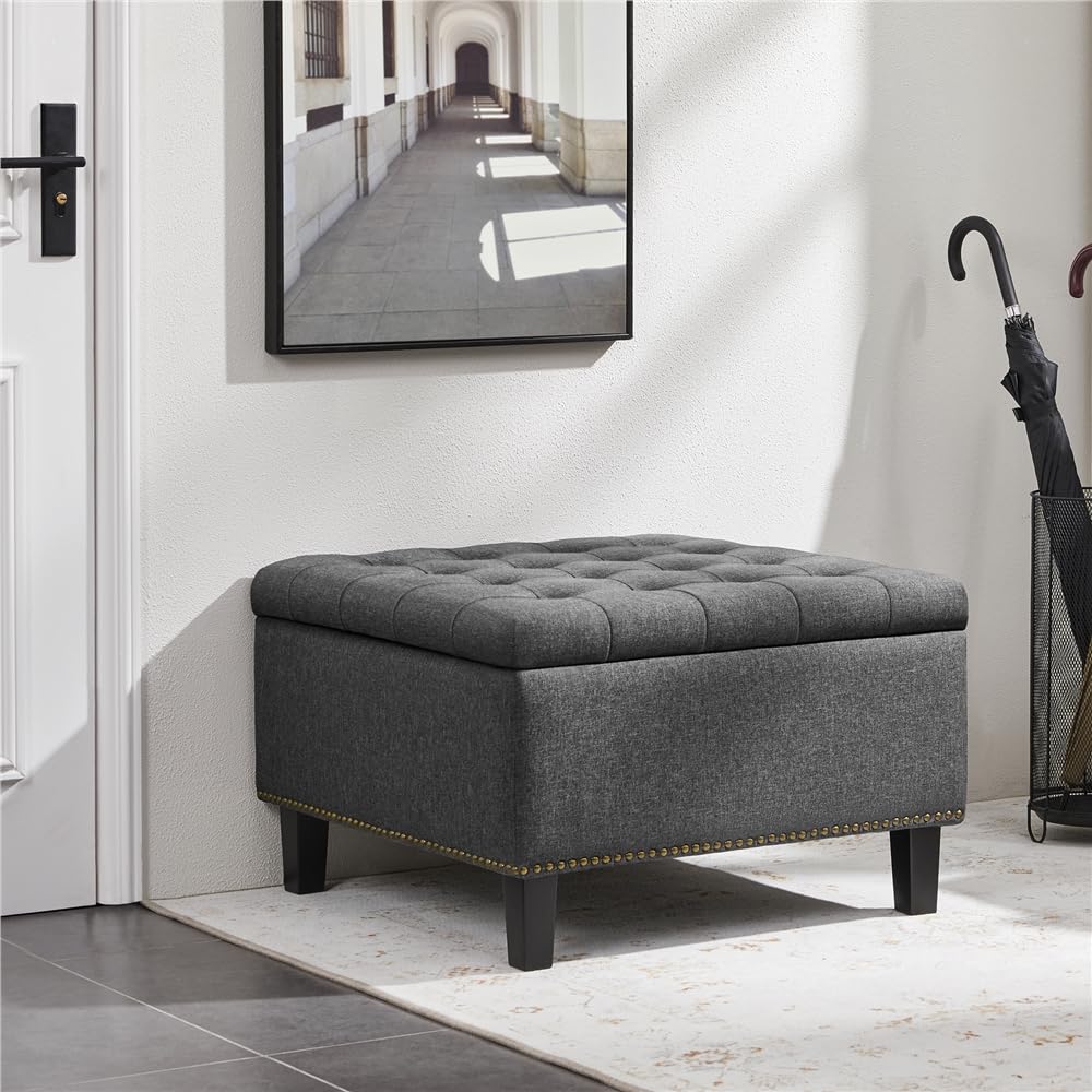 Yaheetech Banco Almacenaje Otomana Puff de Dormitorio Sala de Estar Gris | Banco de Pie, Entrada con Almacenamiento, 70X70X45 cm, Banco con Pata Madera