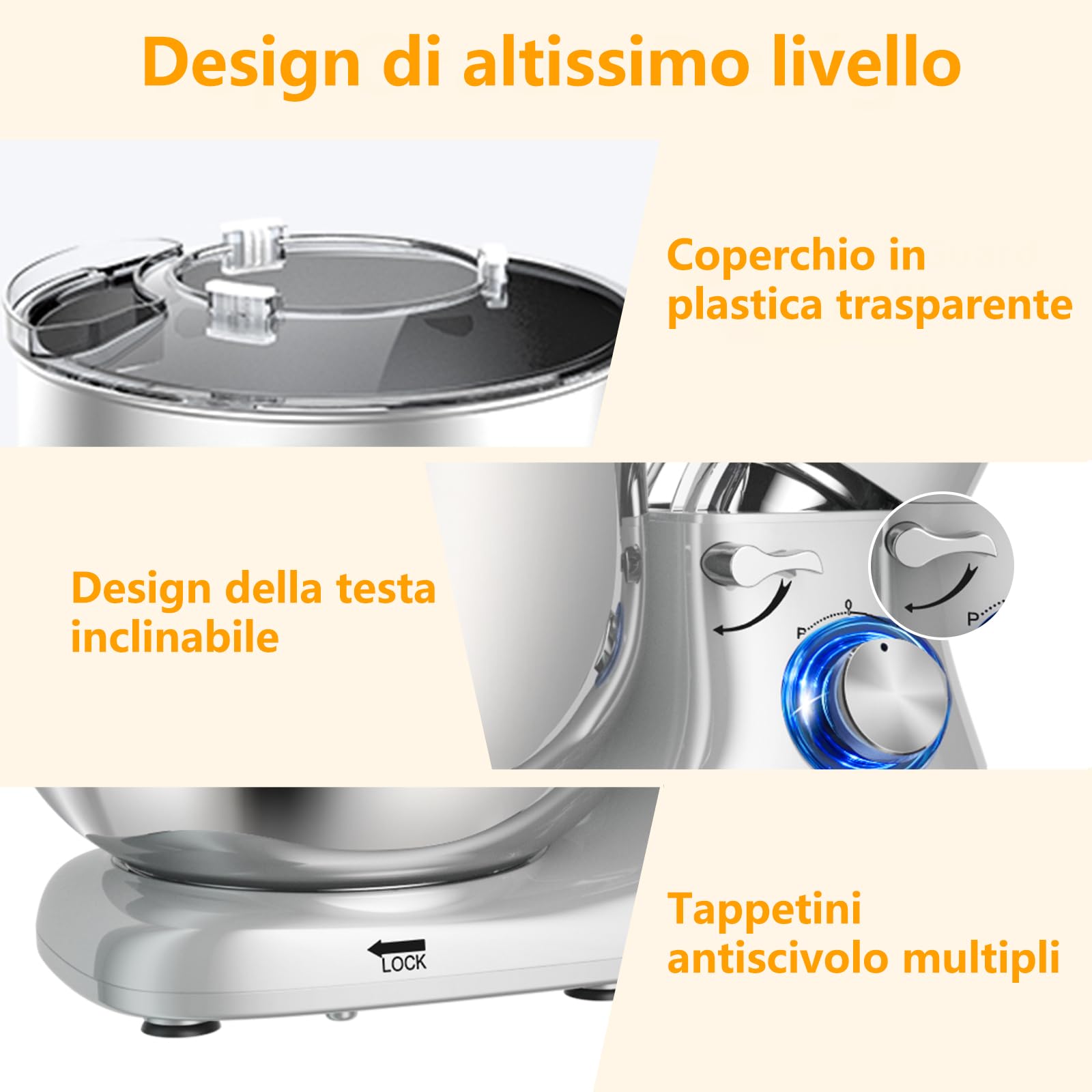 AUMATE Tilt-Head - Batidora de pie, mezclador de cocina, Impastatrice Professionale 8 Litri 1400W, Impastatrice Pizza con Uncino Impastatore (Argento, 8 L)