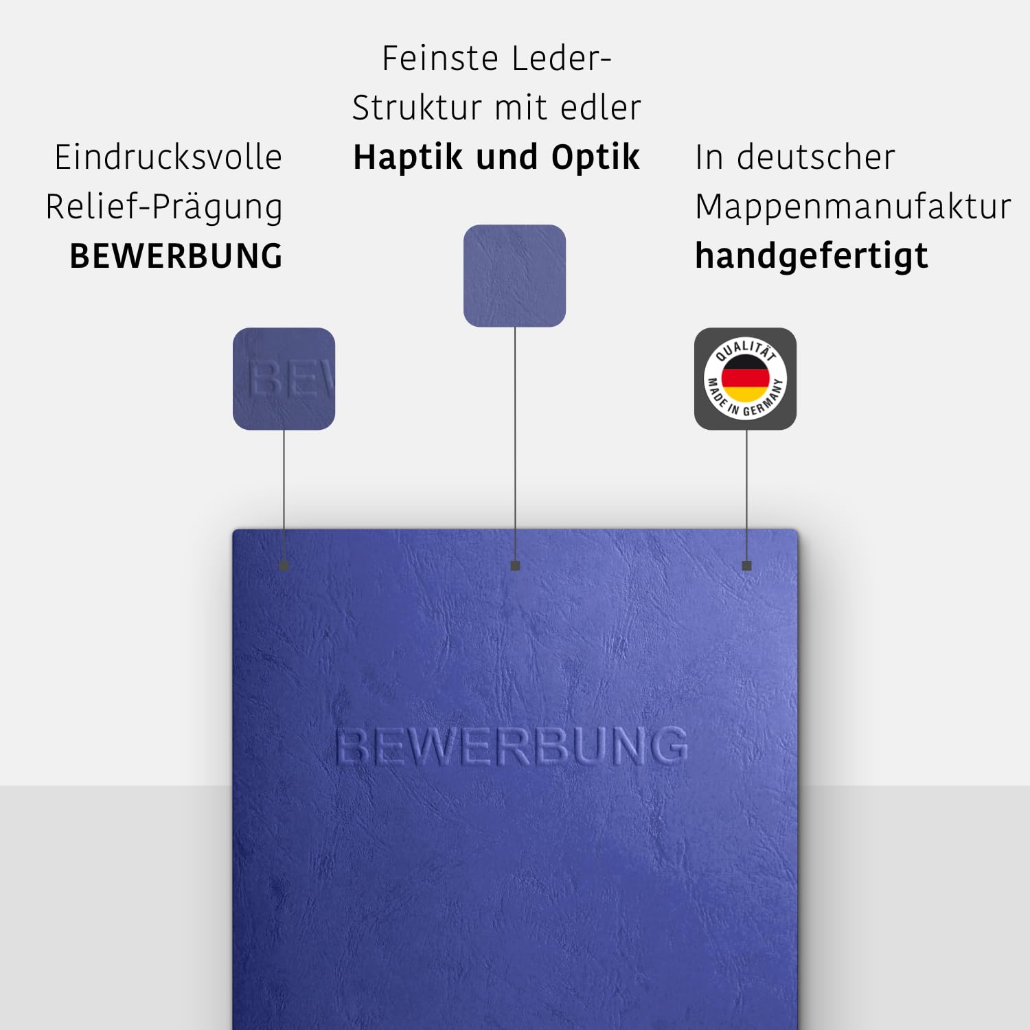 10 Stück 3-teilige Bewerbungsmappen Blau in feinster Lederstruktur - inkl. 10 Versandumschläge in Weiß - mit 2 Klemmschienen und hochwertiger Prägung ''BEWERBUNG'' - direkt vom Hersteller STRATAG